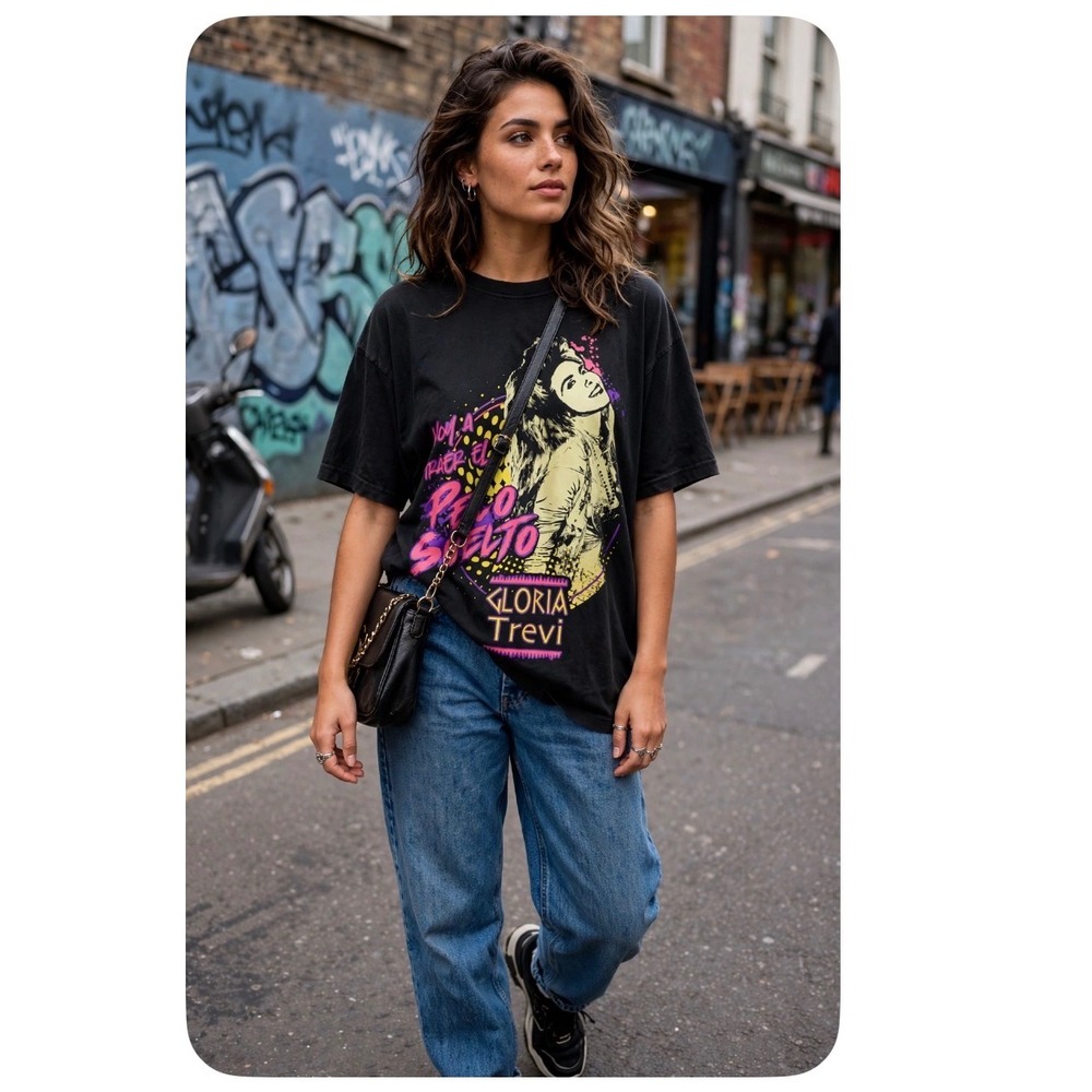 Gloria Trevi Pelo Suelto Graphic T-Shirt Black Neon Latin Pop Rock Tee Large